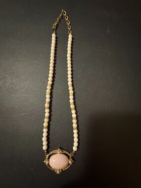 1928 Faux Pink Cabochon Faux Pearl Necklace with Hook Clasp